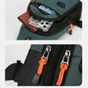 A dark green nylon chest bag with black accents and orange drawstrings, shown in two views.