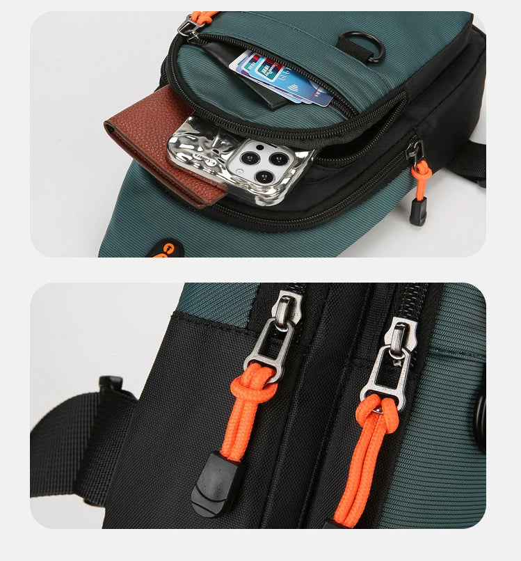 A dark green nylon chest bag with black accents and orange drawstrings, shown in two views.