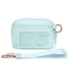 Light blue iris checkered wallet with a clear ID window and a strap