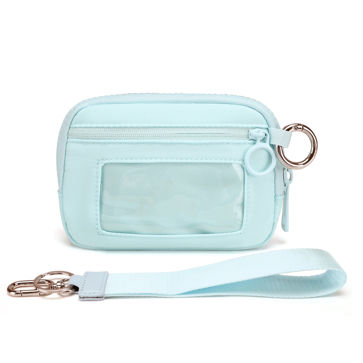 Light blue iris checkered wallet with a clear ID window and a strap