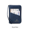 A royal blue RFID-blocking passport wallet with a zipper closure and leather strap.