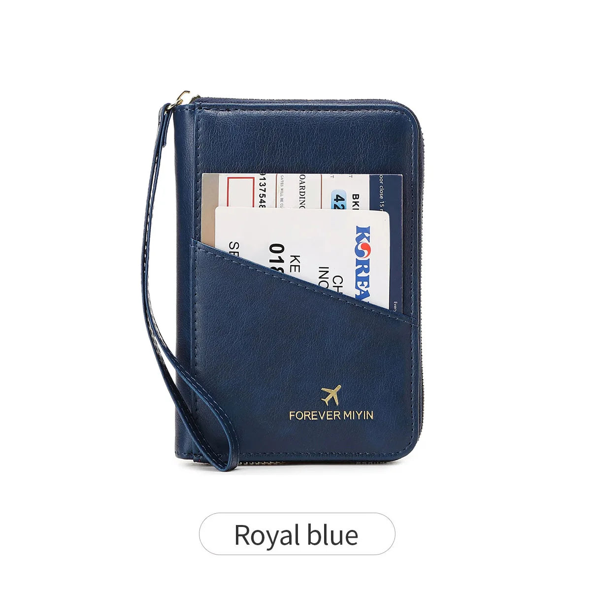 A royal blue RFID-blocking passport wallet with a zipper closure and leather strap.