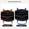 Two interior views of a large capacity laptop tote bag in cognac and navy colors.