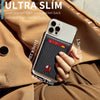 A close-up of a smartphone being held inside an ultra slim wallet, shown against a brown leather jacket.