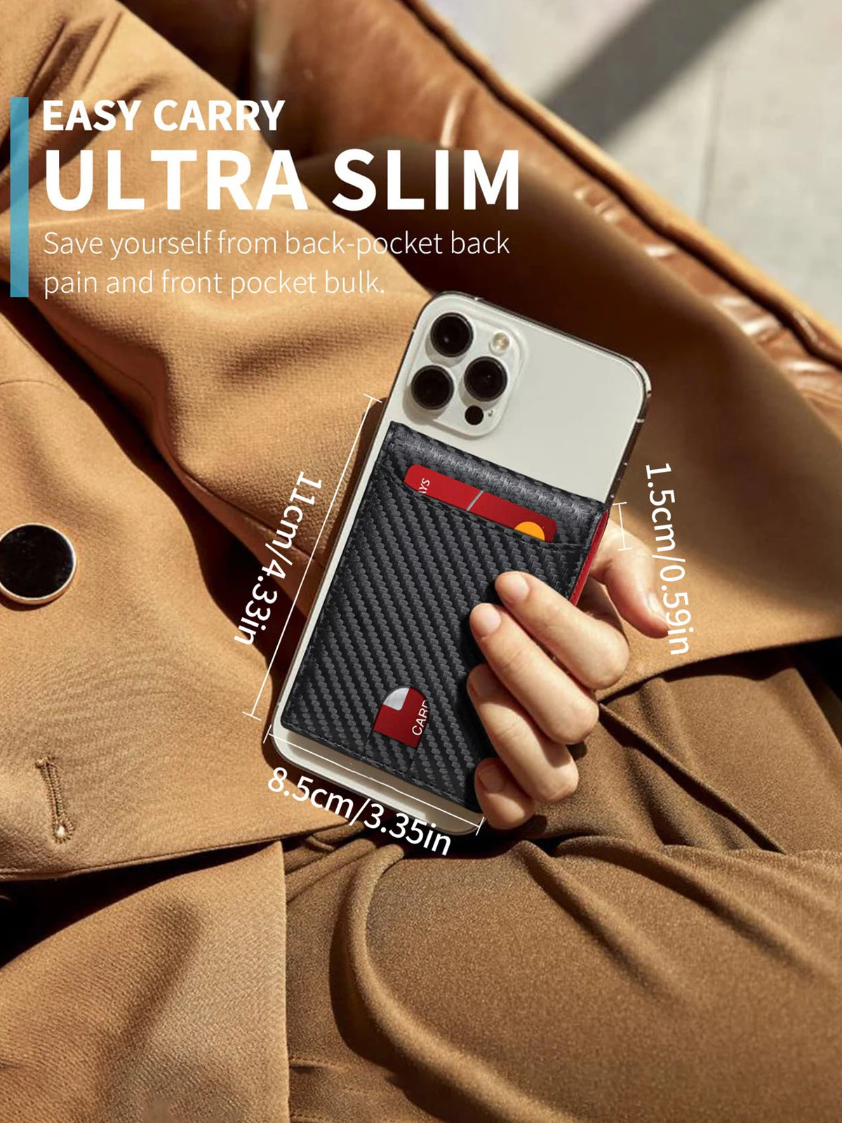 A close-up of a smartphone being held inside an ultra slim wallet, shown against a brown leather jacket.