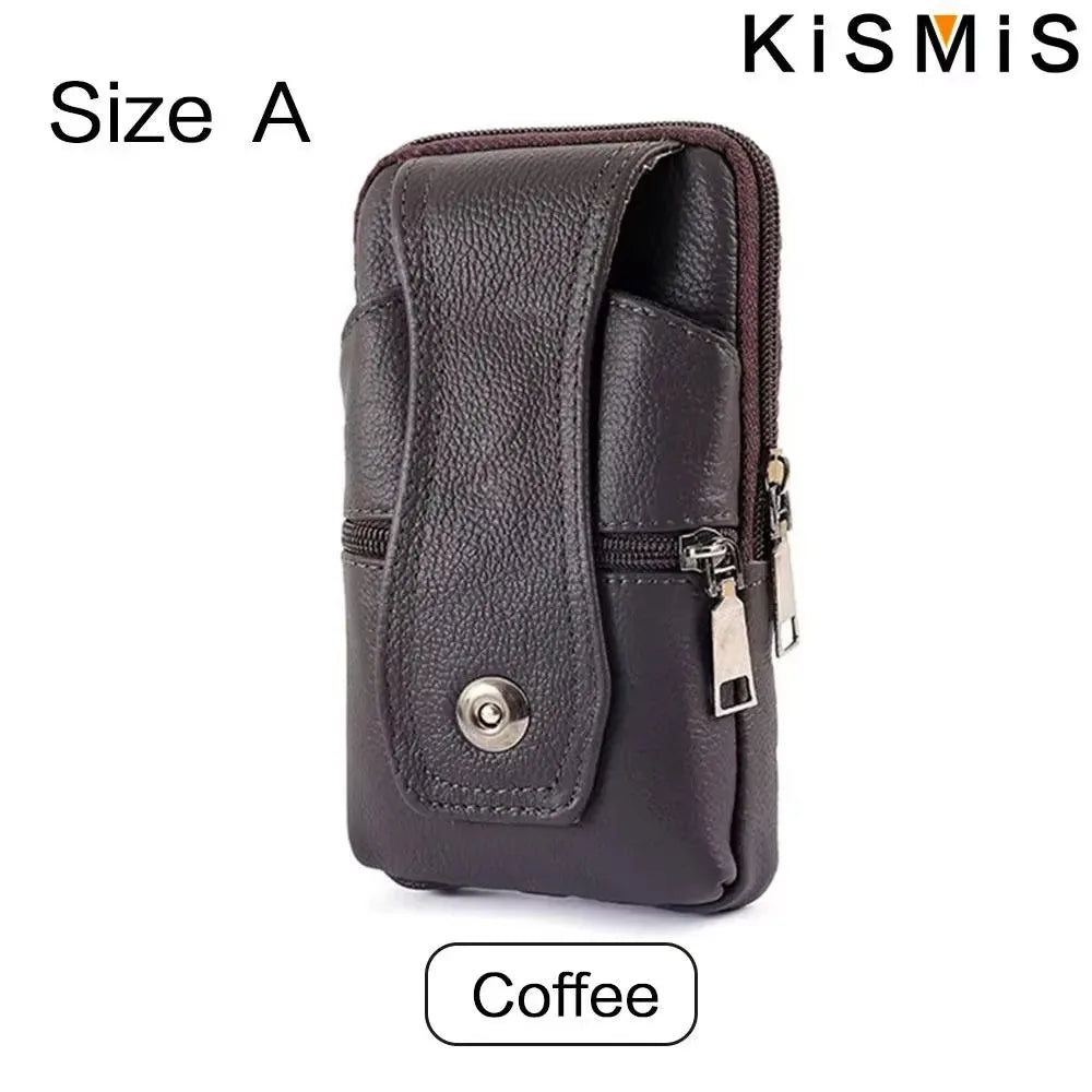 A dark brown leather waist bag with a zipper closure and belt clip in size A.