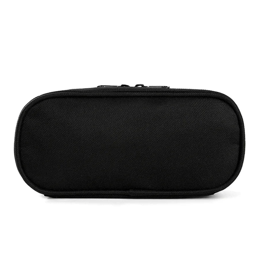 Black pencil case with a layered spider pattern design
