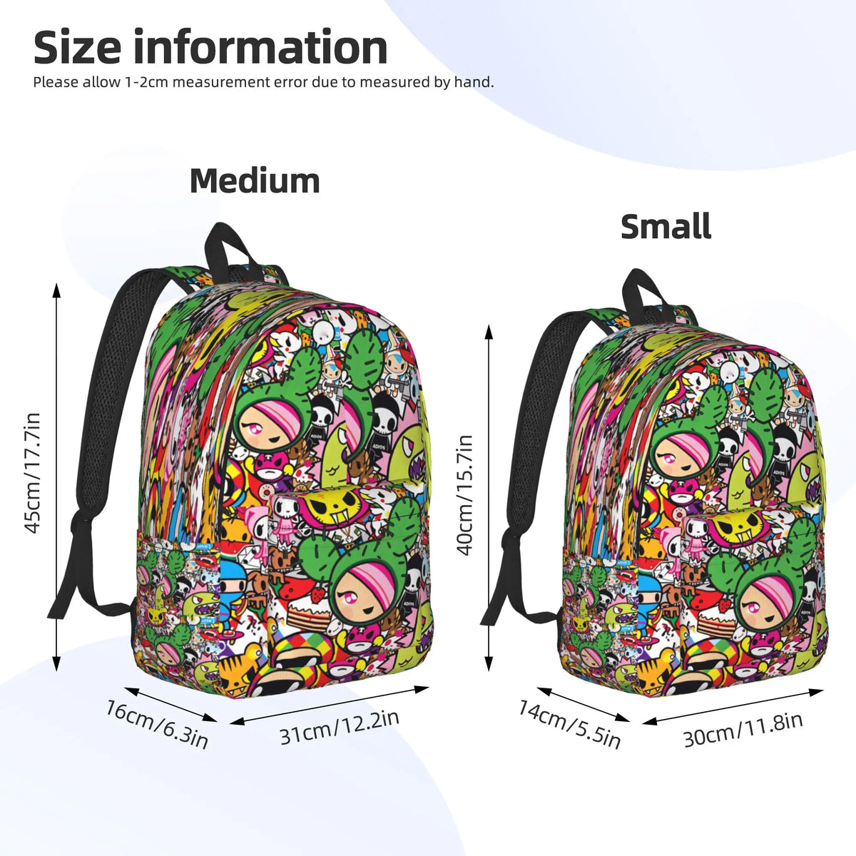 Comparison of Medium and Small sizes of a colorful patterned sport backpack.