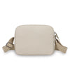 A beige nylon crossbody bag with an adjustable wide strap shown from the front.