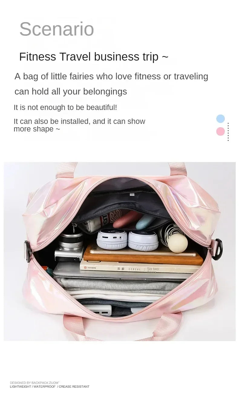 A pink lightweight nylon travel bag is open, showing various fitness and travel items inside.