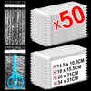 A stack of self-sealing bubble mailer bags showing various sizes and quantities, including 14.5 x 10.5cm to 34 x 31cm.