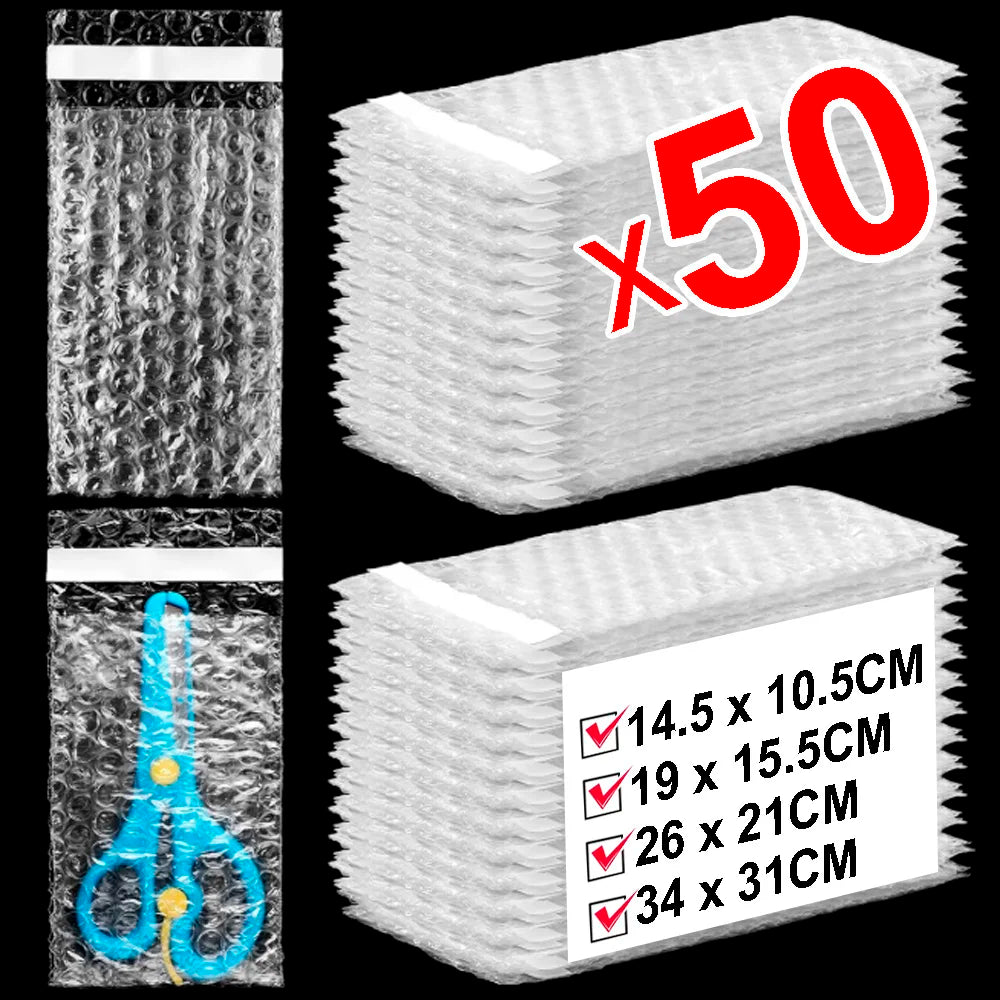 A stack of self-sealing bubble mailer bags showing various sizes and quantities, including 14.5 x 10.5cm to 34 x 31cm.