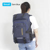 A dark blue large capacity travel backpack with a rain cover is shown from the back.