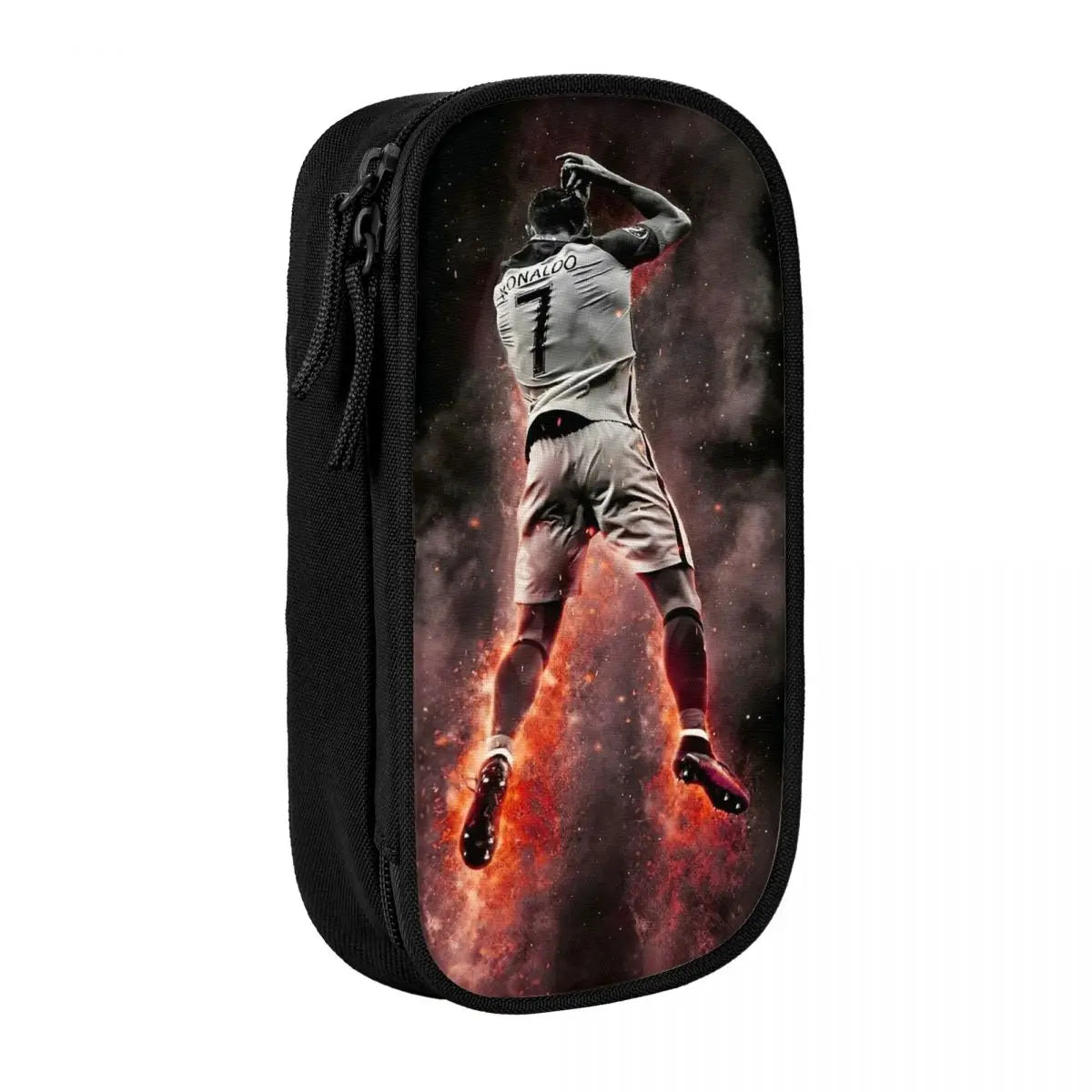 A black pencil case featuring a dramatic image of a soccer player in action against a fiery background.