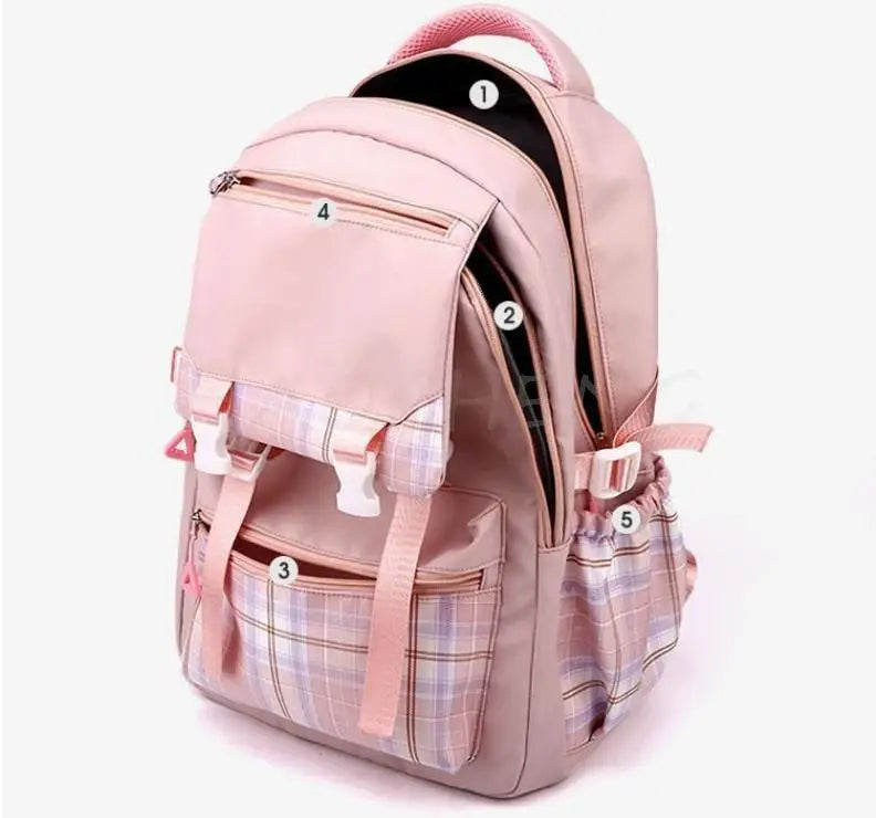 A pink canvas backpack with plaid accents and multiple zippered compartments.