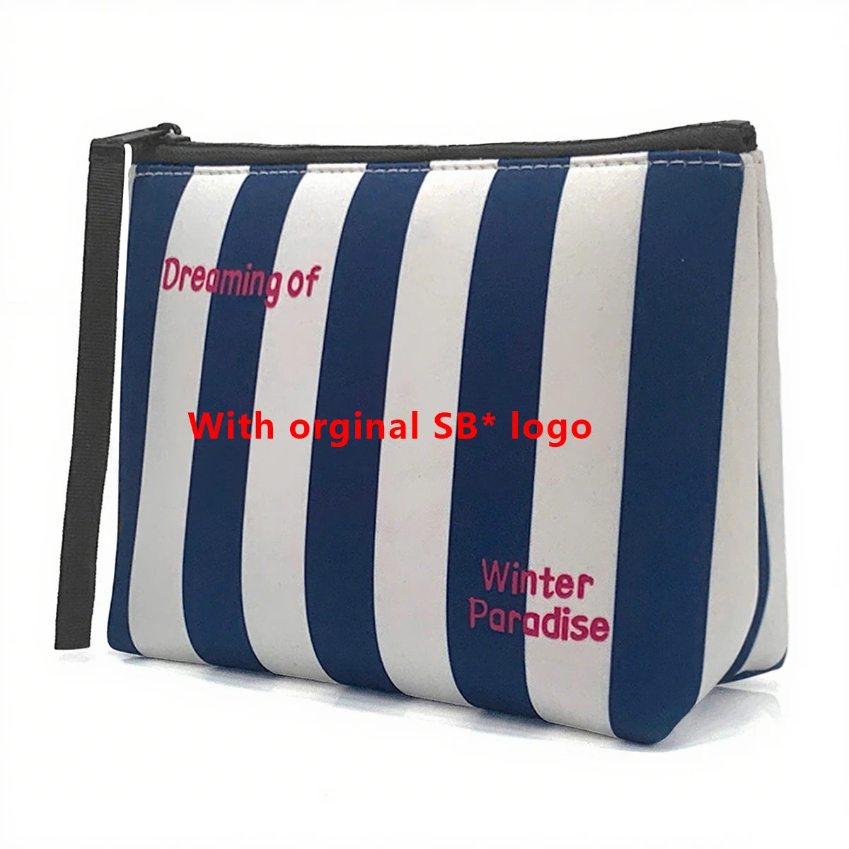 Bolsa cosmética a rayas azul marino y blanco con el logo original SB y Winter Paradise impresos.