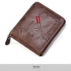 A brown men's PU waxed oil leather bifold wallet with embossed lettering and stitching.