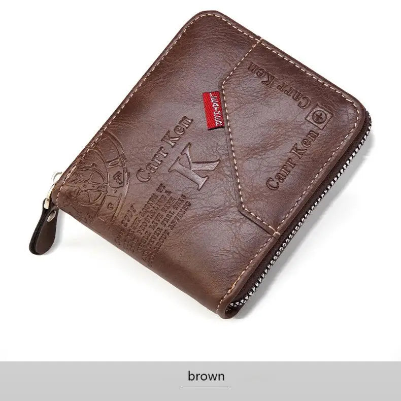 A brown men's PU waxed oil leather bifold wallet with embossed lettering and stitching.