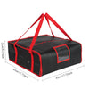 Black insulated pizza delivery bag with red straps and an aluminum foil lining.