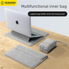 A gray multifunctional inner bag is shown with a silver laptop resting on it, next to a larger gray sleeve.