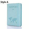A light blue passport holder wallet featuring a world map design and an airplane icon.