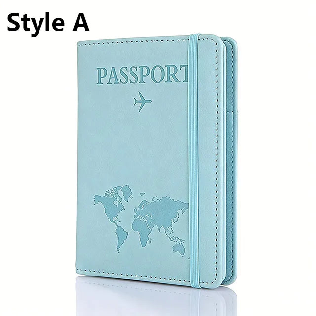 A light blue passport holder wallet featuring a world map design and an airplane icon.