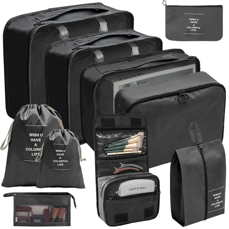 A set of black fabric storage organizers and pouches for keeping items organized.