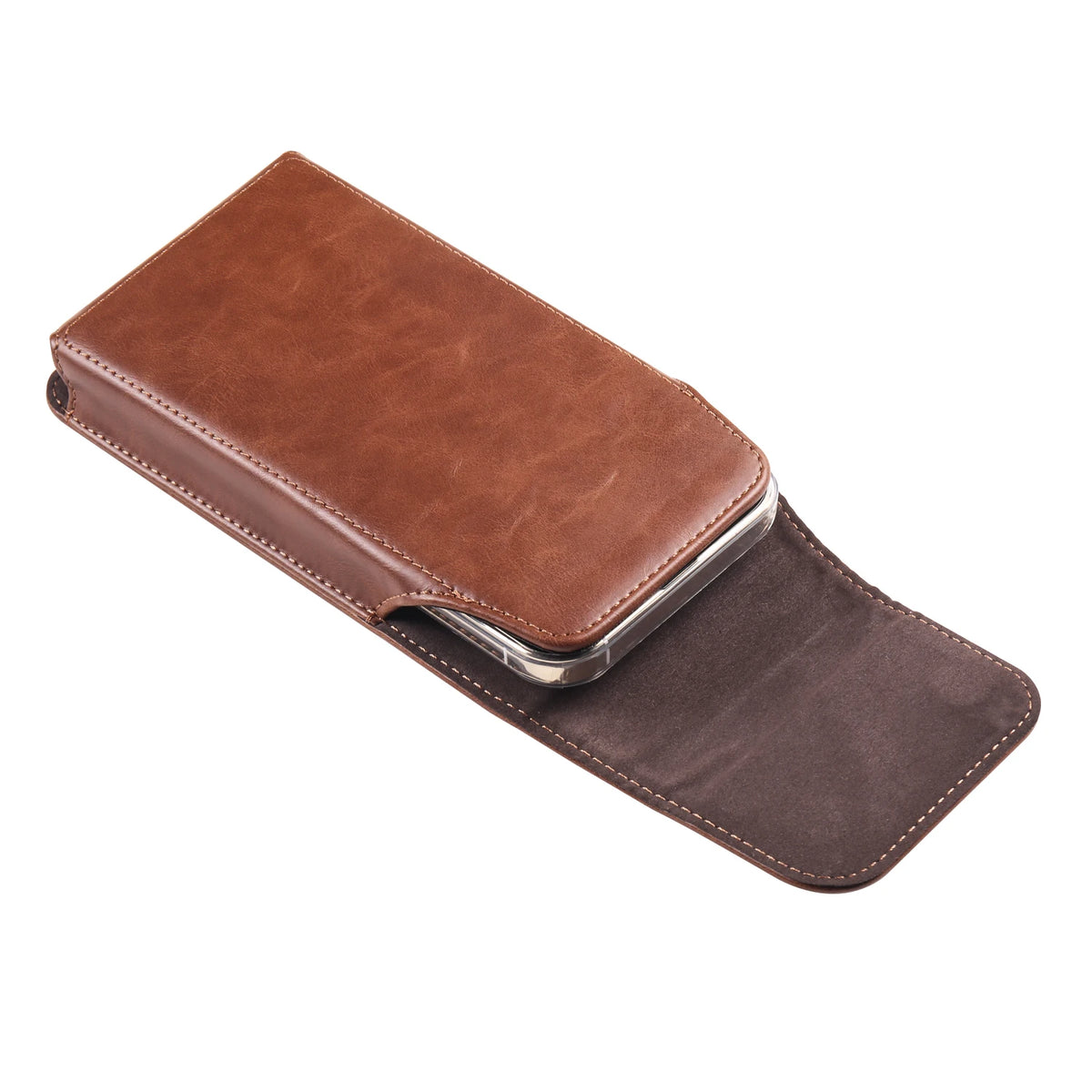 A brown leather belt loop phone case for an iPhone, shown in a diagonal angle.