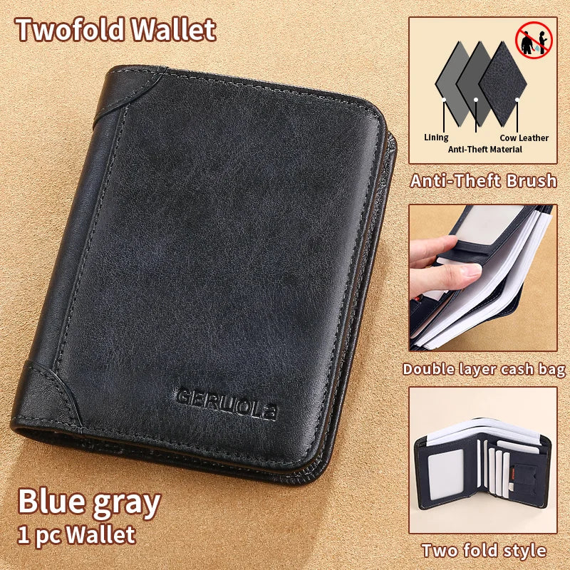 A black Twofold Wallet with a brown lining and cow leather exterior shown in various angles.