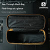 A black see-through mesh bag with a tan lining is shown open, displaying organized storage for small items.