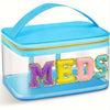A clear plastic toiletry bag with a light blue lid and a front featuring the word MEDS in glittery letters.