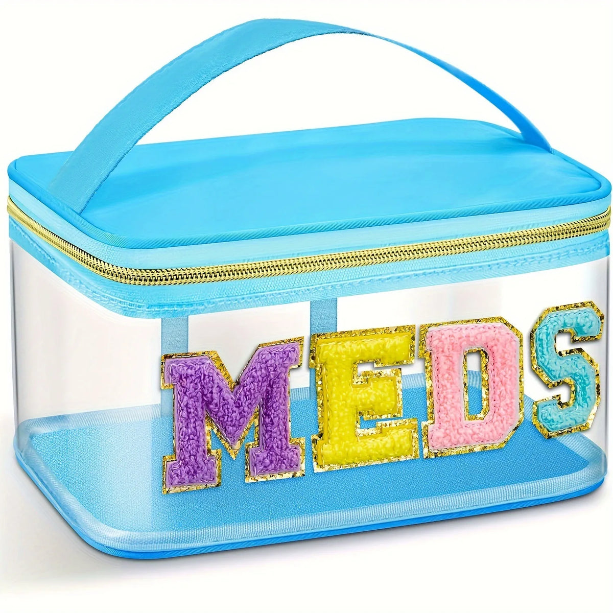 A clear plastic toiletry bag with a light blue lid and a front featuring the word MEDS in glittery letters.