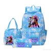 A light blue multi-compartment backpack set featuring floral designs and characters.