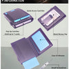 A purple slim aluminum wallet with a clear ID window, showing various features like card slots and a metal money clip.