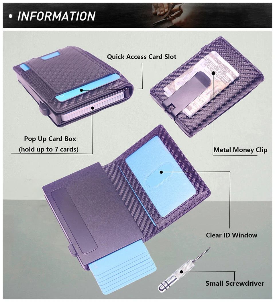 A purple slim aluminum wallet with a clear ID window, showing various features like card slots and a metal money clip.