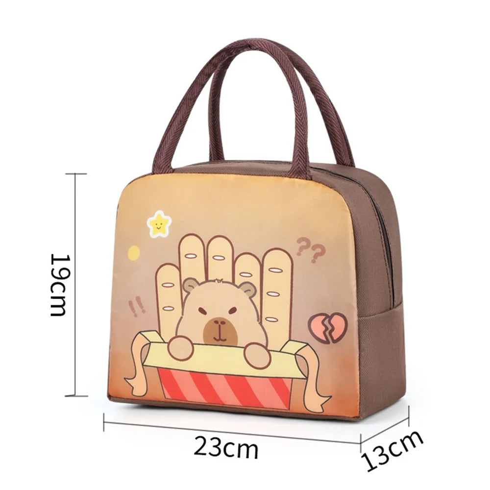A brown insulated lunch bag featuring a cartoon capybara design on the front.