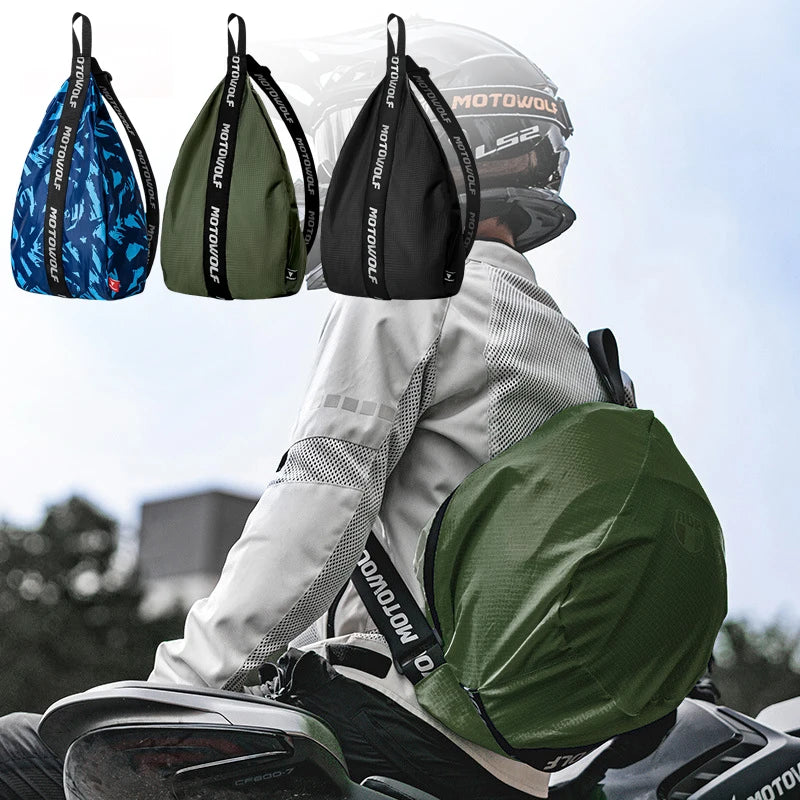 A person is wearing a black helmet with an attached green backpack, alongside various colored helmet bags.