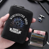 A black leather wallet with the text Winchester Bros and 2005 Sam & Dean is held in a hand next to a zippered card holder.