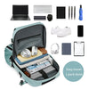 A durable waterproof travel backpack shown open with various electronic accessories and stationery items displayed inside.
