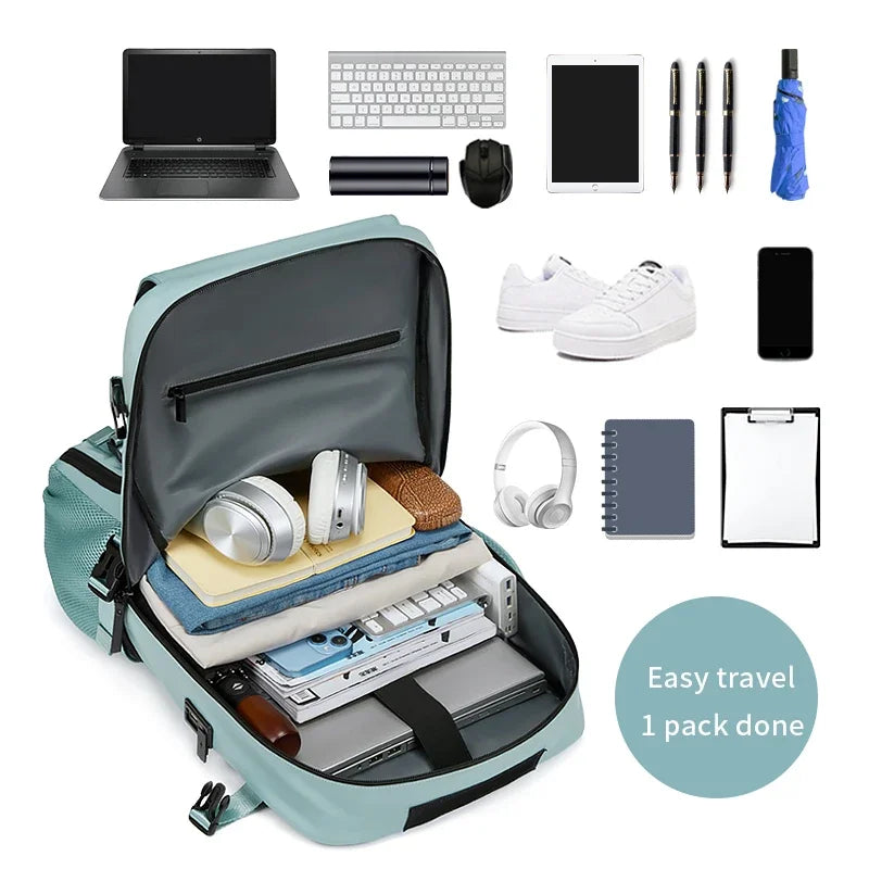 A durable waterproof travel backpack shown open with various electronic accessories and stationery items displayed inside.