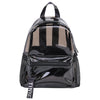 A black backpack with a clear front panel featuring vertical stripes and a zippered pocket.