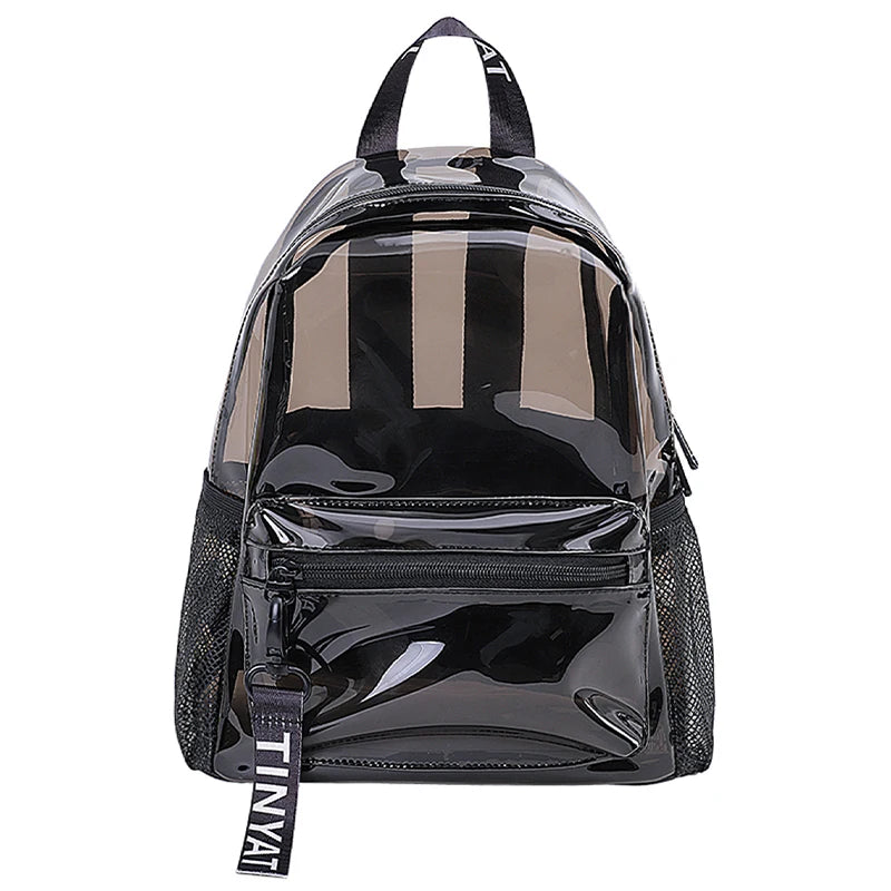 A black backpack with a clear front panel featuring vertical stripes and a zippered pocket.