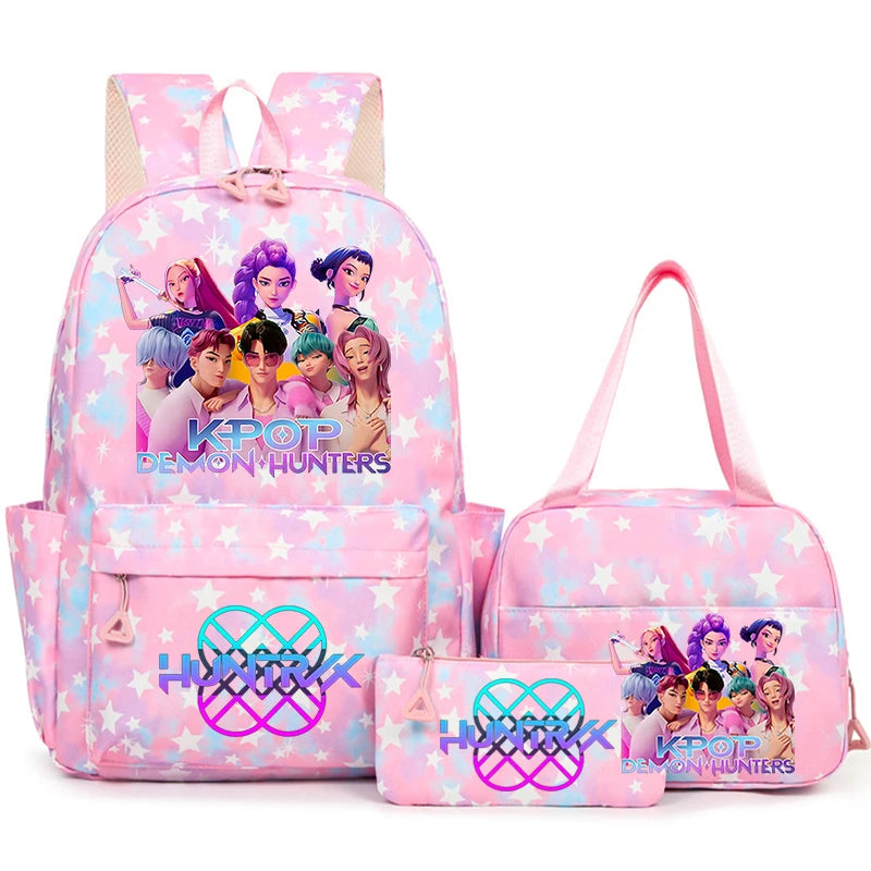 Pink backpack set featuring characters from Kpop Demon Hunters with purple and pink stars
