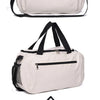 A light beige waterproof sports duffel bag with black handles and a zippered compartment shown in three views.