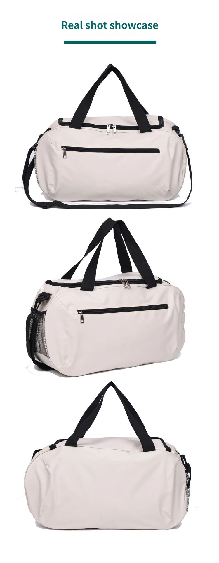 A light beige waterproof sports duffel bag with black handles and a zippered compartment shown in three views.