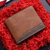 A brown PU leather men's wallet with a stitched edge is placed on a vibrant red, shredded fabric background.