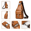 A brown men's PU leather belt sling chest bag shown in various angles and details.