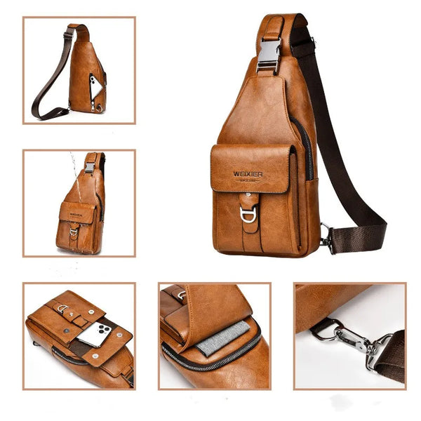 A brown men's PU leather belt sling chest bag shown in various angles and details.