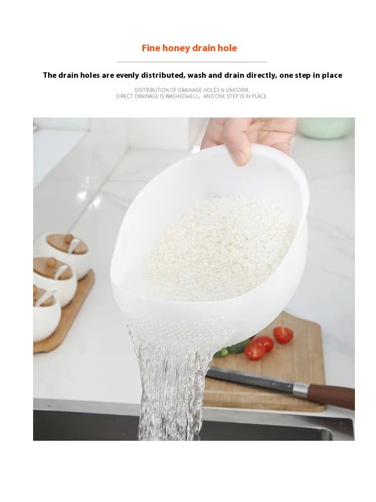 A white plastic drain basket is shown pouring liquid into a bowl, demonstrating its fine honey drain hole feature.