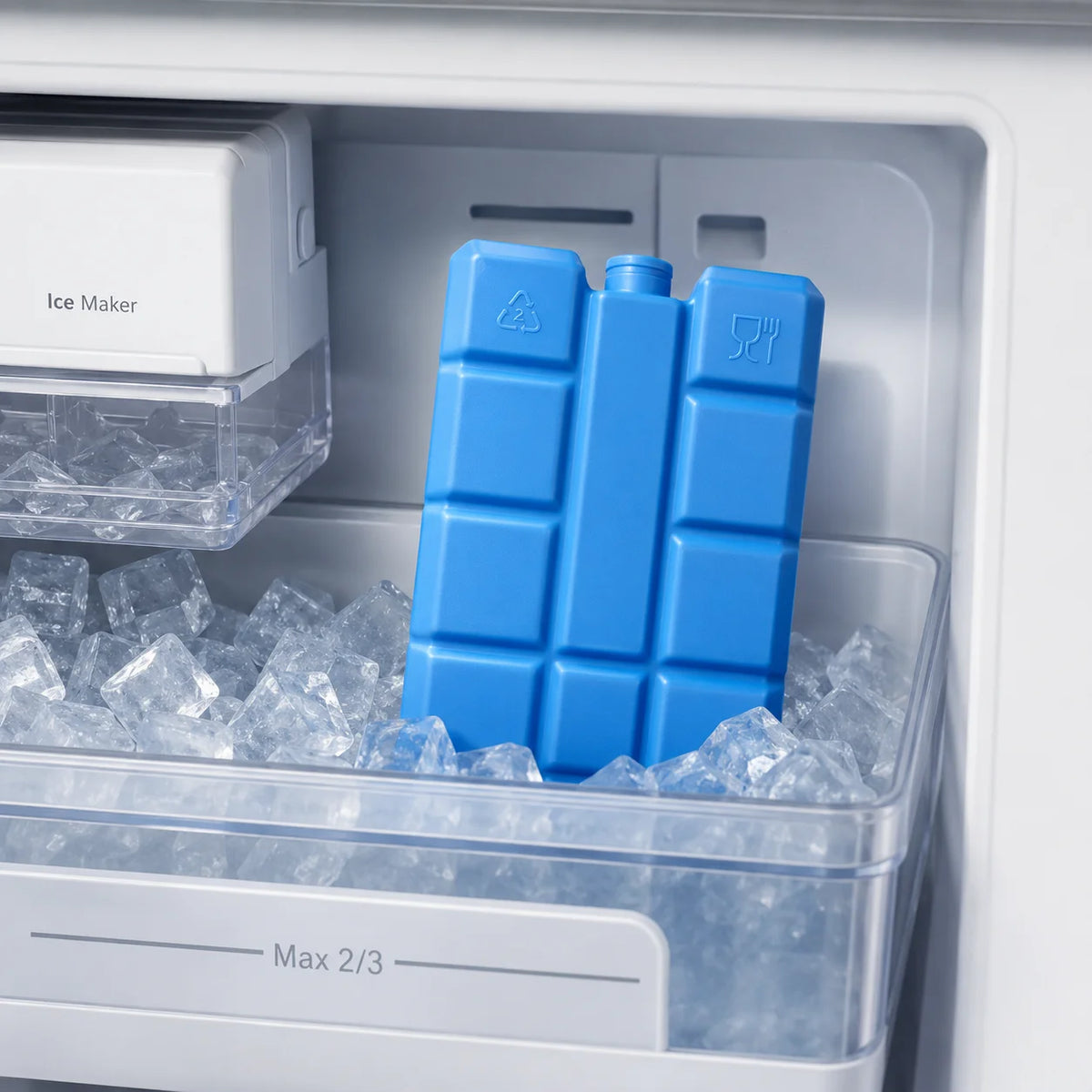 Blocs de glace en gel bleus réutilisables stockés dans le compartiment de la machine à glace d'un glacière.